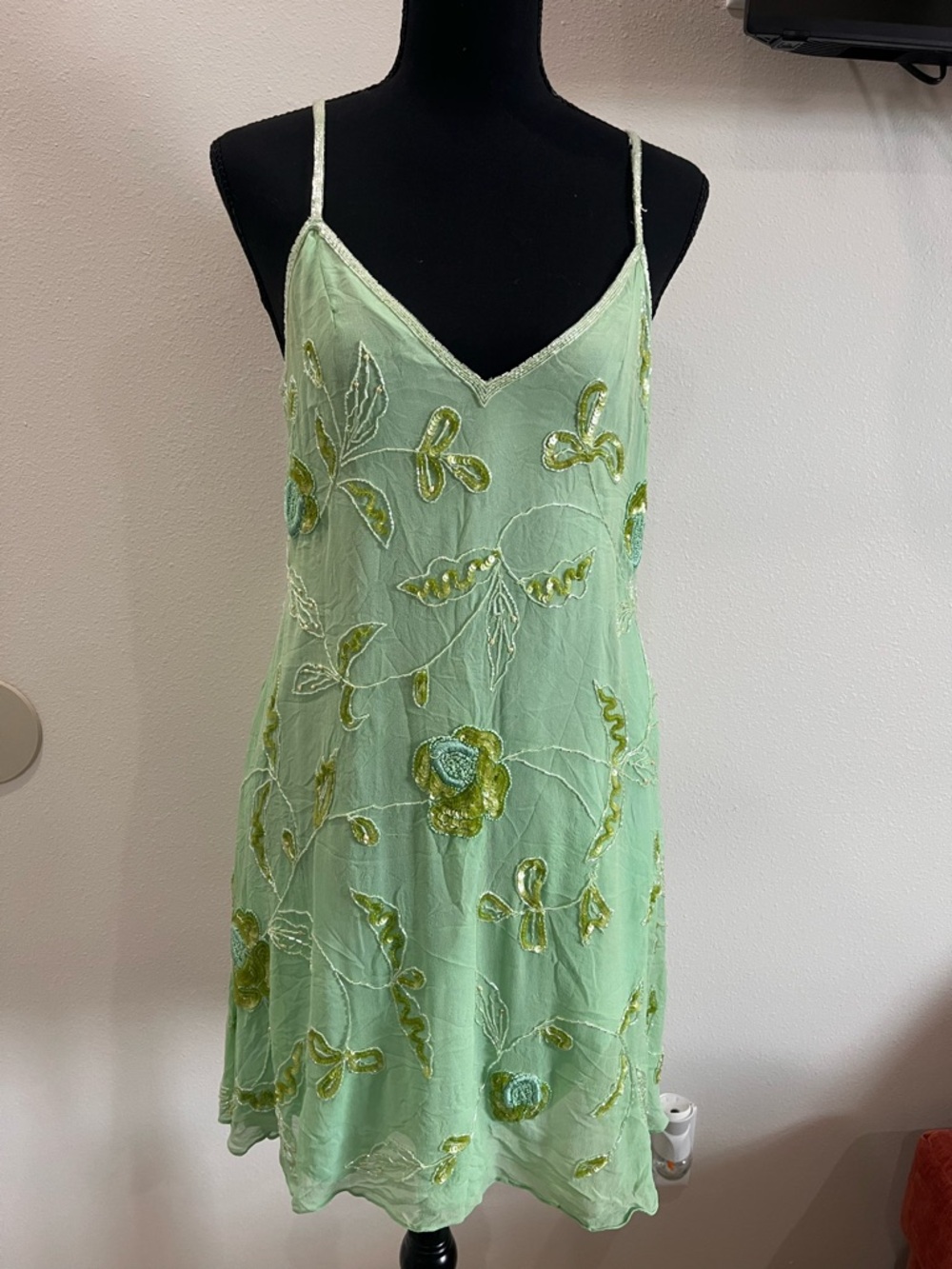 Green Floral Embroidered Midi Slip Dress